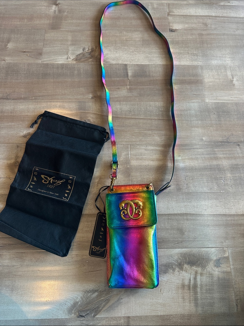 Sharif Iridescent Rainbow Leather Phone Crossbody with Gold Logo - Picture 2 of 7